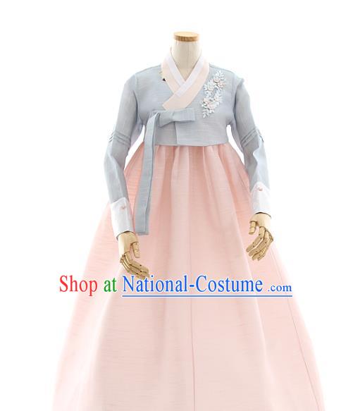 Korean Bride Mother Blue Blouse and Pink Dress Korea Fashion Costumes Traditional Hanbok Festival Apparels for Women