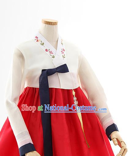 Korean Bride Mother Beige Blouse and Red Dress Korea Fashion Costumes Traditional Hanbok Festival Apparels for Women