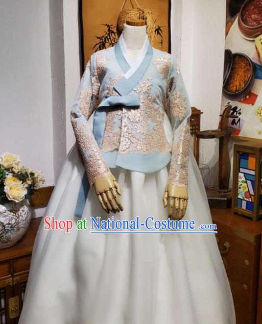 Korean Traditional Wedding Blue Lace Blouse and White Dress Korea Fashion Bride Costumes Hanbok Apparels for Women