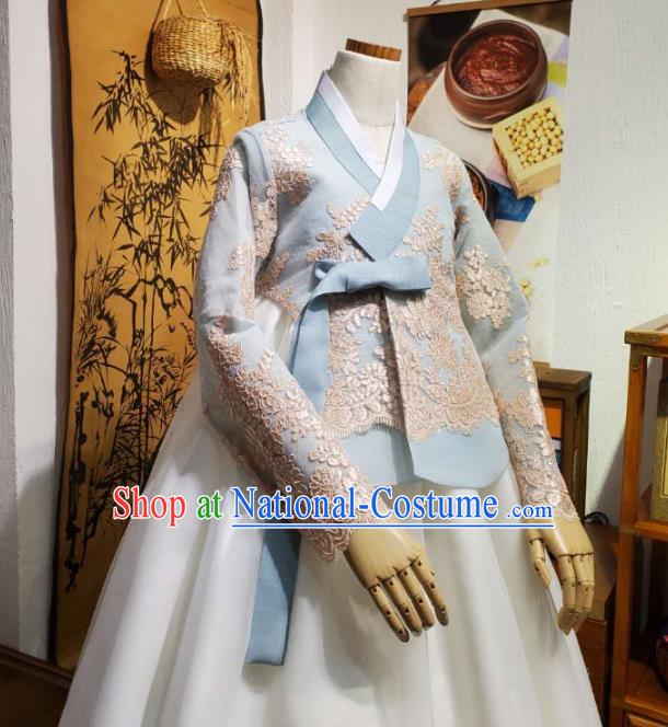 Korean Traditional Wedding Blue Lace Blouse and White Dress Korea Fashion Bride Costumes Hanbok Apparels for Women