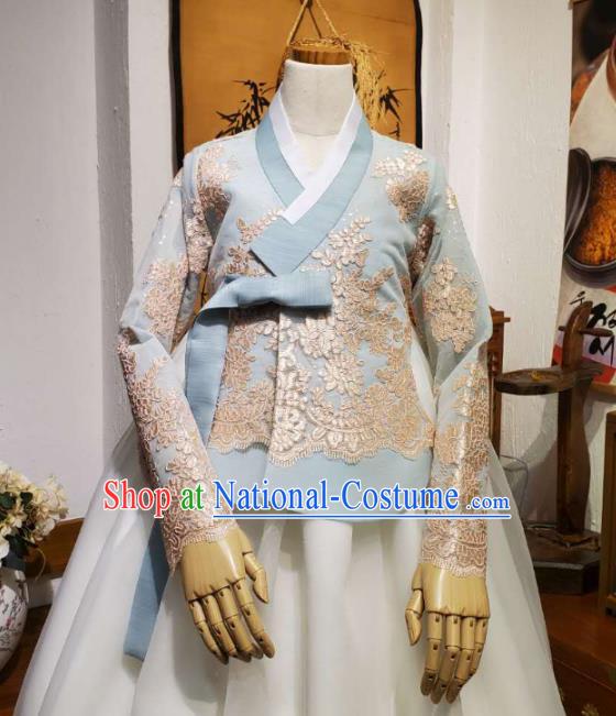 Korean Traditional Wedding Blue Lace Blouse and White Dress Korea Fashion Bride Costumes Hanbok Apparels for Women