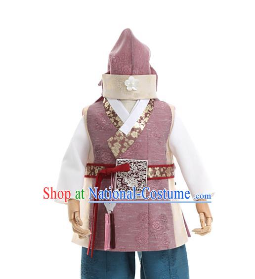 Asian Korea Boys Embroidered Cameo Brown Vest and Pants Korean Children Birthday Fashion Traditional Apparels Kids Hanbok Costumes