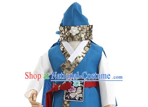 Asian Korea Boys Embroidered Blue Vest and Pants Korean Children Birthday Fashion Traditional Apparels Kids Hanbok Costumes