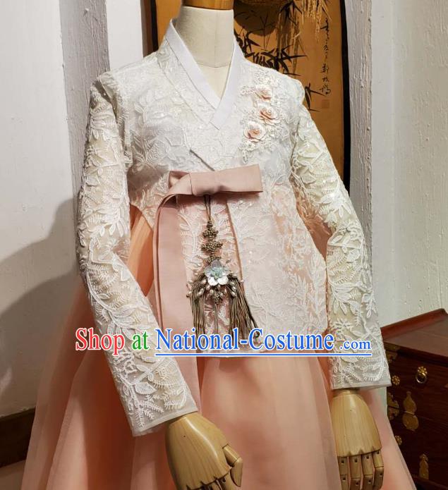 Korean Traditional Wedding White Lace Blouse and Pink Dress Korea Fashion Bride Costumes Hanbok Apparels for Women