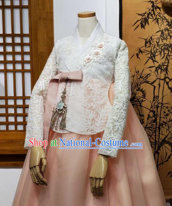 Korean Traditional Wedding White Lace Blouse and Pink Dress Korea Fashion Bride Costumes Hanbok Apparels for Women