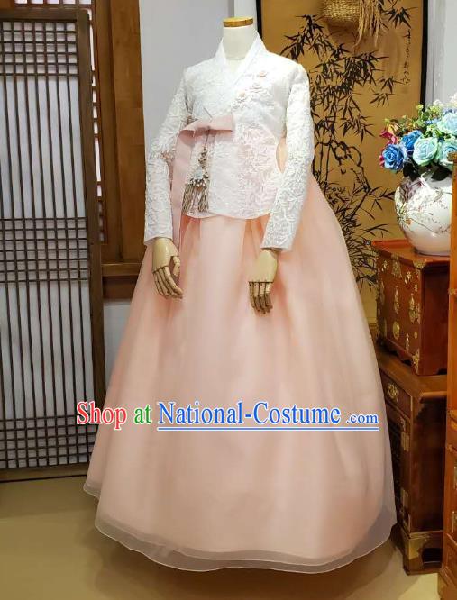 Korean Traditional Wedding White Lace Blouse and Pink Dress Korea Fashion Bride Costumes Hanbok Apparels for Women