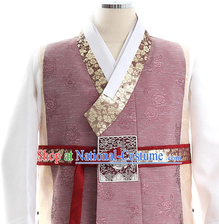 Asian Korea Men Embroidered Cameo Brown Vest Shirt and Pants Korean Wedding Fashion Traditional Apparels Bridegroom Hanbok Costumes