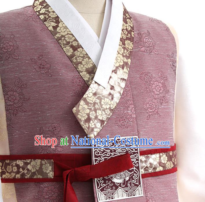 Asian Korea Men Embroidered Cameo Brown Vest Shirt and Pants Korean Wedding Fashion Traditional Apparels Bridegroom Hanbok Costumes