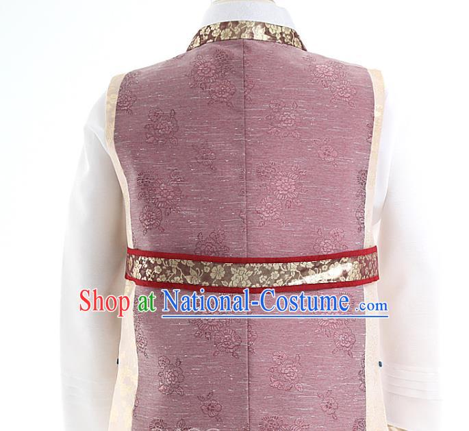 Asian Korea Men Embroidered Cameo Brown Vest Shirt and Pants Korean Wedding Fashion Traditional Apparels Bridegroom Hanbok Costumes