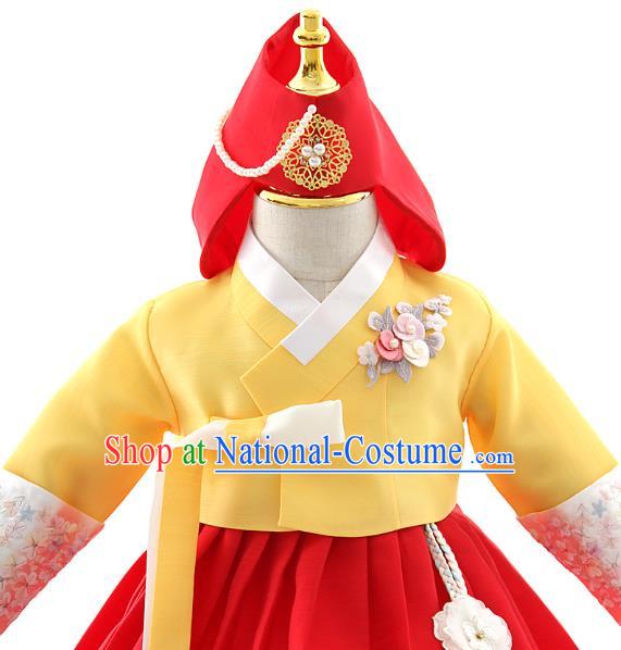 Asian Korea Girls Yellow Blouse and Red Dress Korean Kids Fashion Traditional Apparels Hanbok Birthday Costumes with Headwear