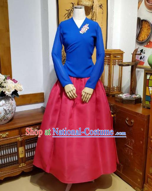 Korean Dance Training Royalblue Veil Blouse and Rosy Satin Skirt Asian Women Hanbok Informal Apparels Korea Fashion Traditional Costumes