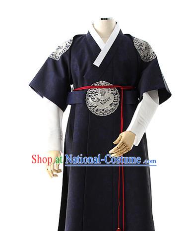 Asian Korea Court Prince Navy Vest Shirt and Pants Dress Korean Bridegroom Fashion Traditional Apparels Hanbok Wedding Costumes