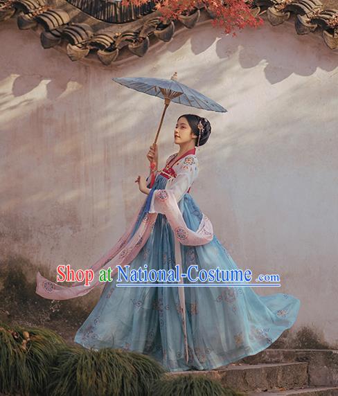 Chinese Ancient Palace Princess Costumes Traditional Tang Dynasty Hanfu Apparels White Blouse and Blue Dress Full Set