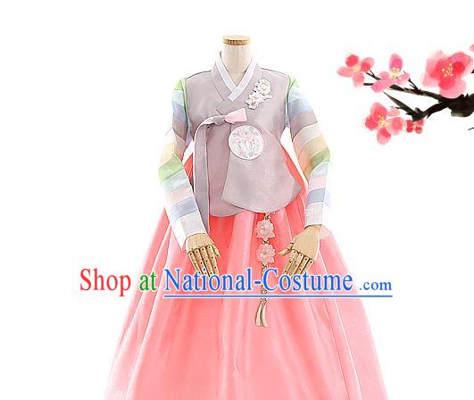 Korean Bride Hanbok Grey Blouse and Pink Dress Korea Fashion Wedding Costumes Traditional Festival Apparels for Women