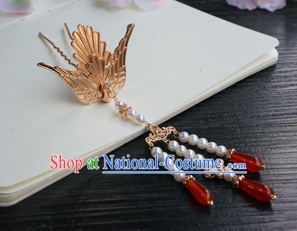 Chinese Classical Beads Tassel Hair Clip Hair Accessories Handmade Ancient Tang Dynasty Hanfu Golden Phoenix Hairpin for Women