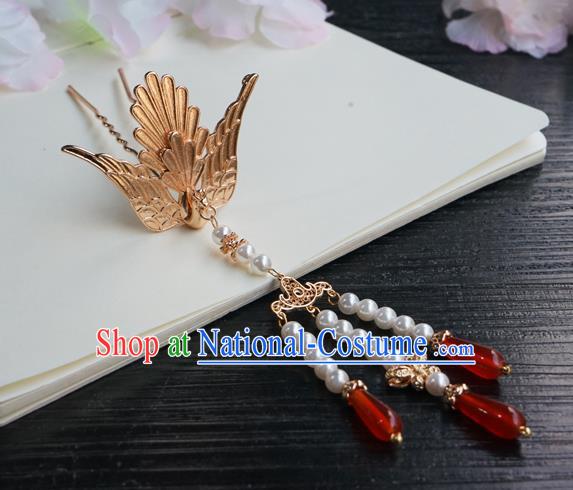 Chinese Classical Beads Tassel Hair Clip Hair Accessories Handmade Ancient Tang Dynasty Hanfu Golden Phoenix Hairpin for Women