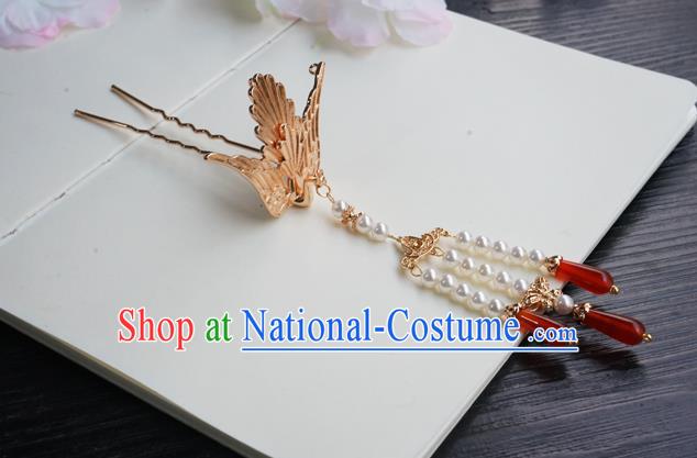 Chinese Classical Beads Tassel Hair Clip Hair Accessories Handmade Ancient Tang Dynasty Hanfu Golden Phoenix Hairpin for Women