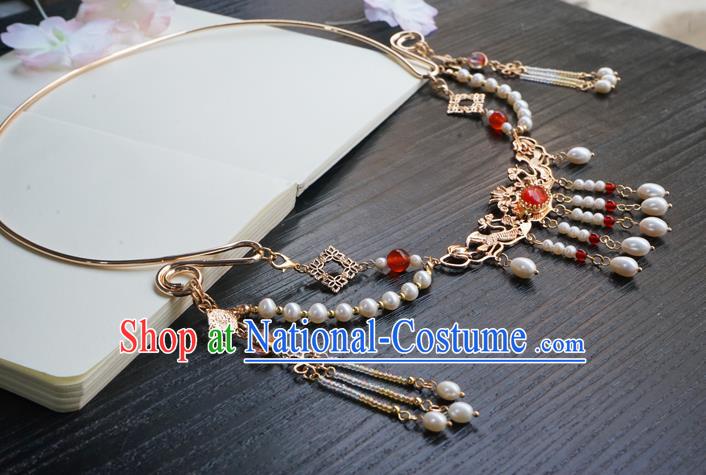 Chinese Handmade Hanfu Beads Tassel Necklace Classical Jewelry Accessories Ancient Princess Golden Necklet for Women