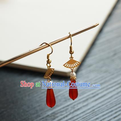 Handmade Chinese Women Red Bead Ear Accessories Classical Hanfu Pearls Earrings