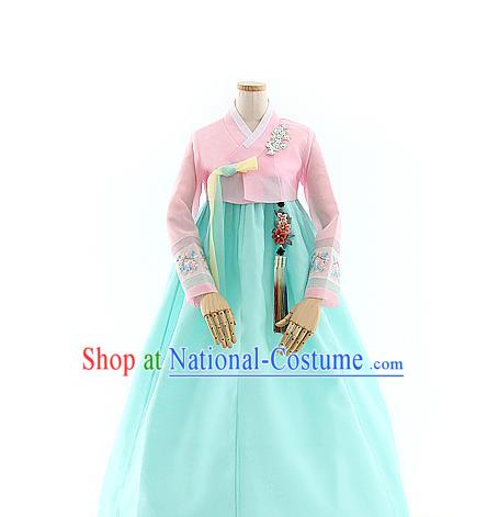 Korean Bride Hanbok Pink Blouse and Blue Dress Korea Fashion Wedding Costumes Traditional Festival Apparels for Women