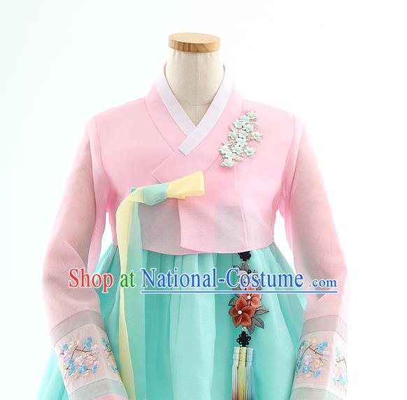 Korean Bride Hanbok Pink Blouse and Blue Dress Korea Fashion Wedding Costumes Traditional Festival Apparels for Women