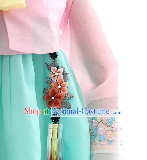 Korean Bride Hanbok Pink Blouse and Blue Dress Korea Fashion Wedding Costumes Traditional Festival Apparels for Women