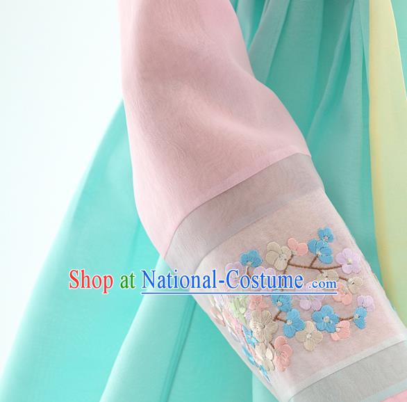 Korean Bride Hanbok Pink Blouse and Blue Dress Korea Fashion Wedding Costumes Traditional Festival Apparels for Women