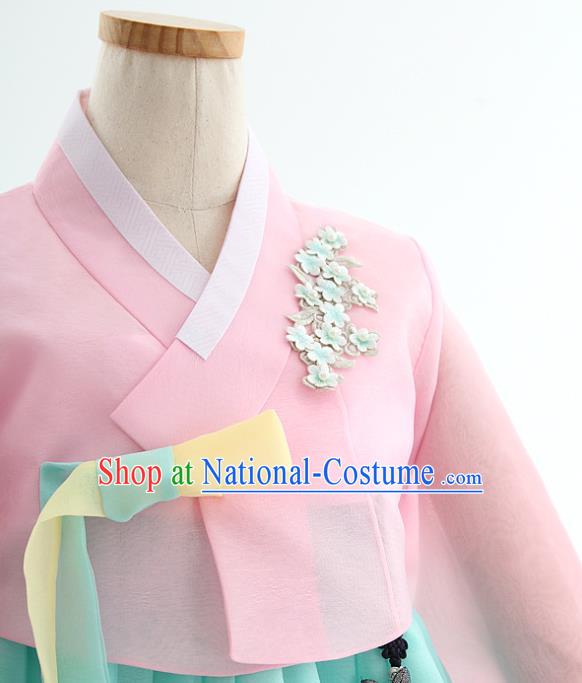 Korean Bride Hanbok Pink Blouse and Blue Dress Korea Fashion Wedding Costumes Traditional Festival Apparels for Women