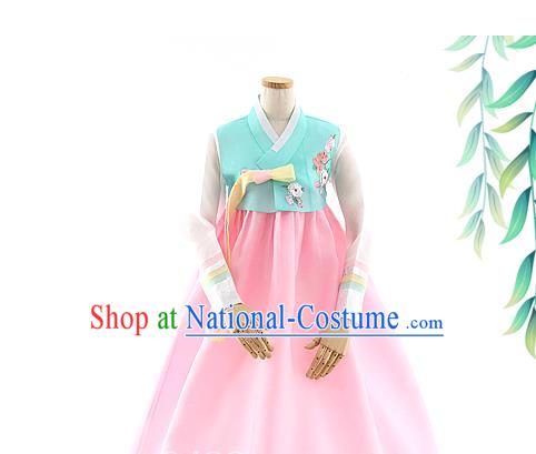 Korean Bride Hanbok Blue Blouse and Pink Dress Korea Fashion Wedding Costumes Traditional Festival Apparels for Women