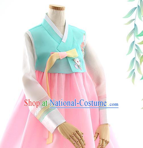 Korean Bride Hanbok Blue Blouse and Pink Dress Korea Fashion Wedding Costumes Traditional Festival Apparels for Women