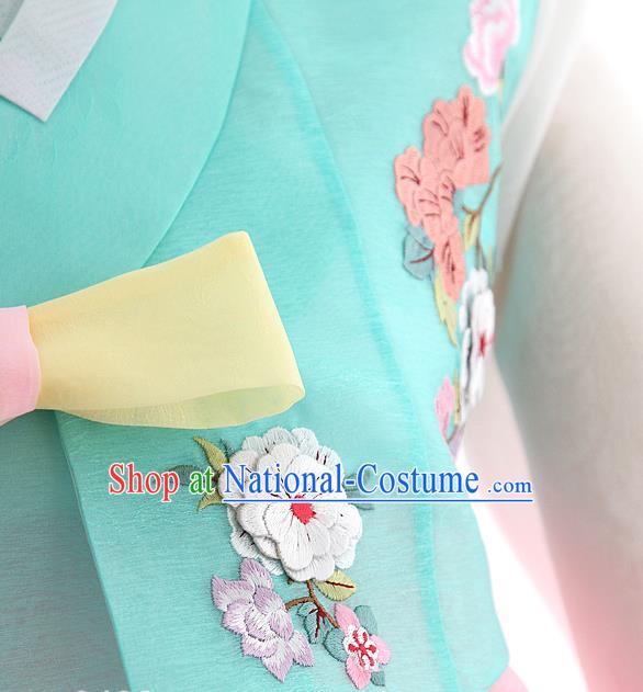 Korean Bride Hanbok Blue Blouse and Pink Dress Korea Fashion Wedding Costumes Traditional Festival Apparels for Women