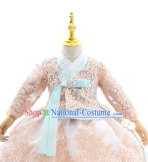 Asian Korea Court Girls Blue Lace Blouse and Dress Korean Kids Birthday Fashion Traditional Hanbok Apparels Costumes