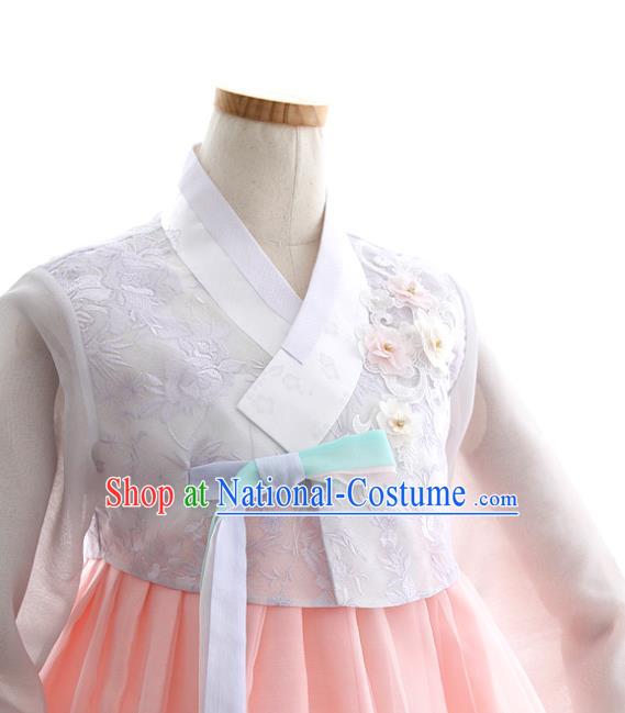 Korean Bride Hanbok Embroidered Lilac Blouse and Pink Dress Korea Fashion Wedding Costumes Traditional Festival Apparels for Women