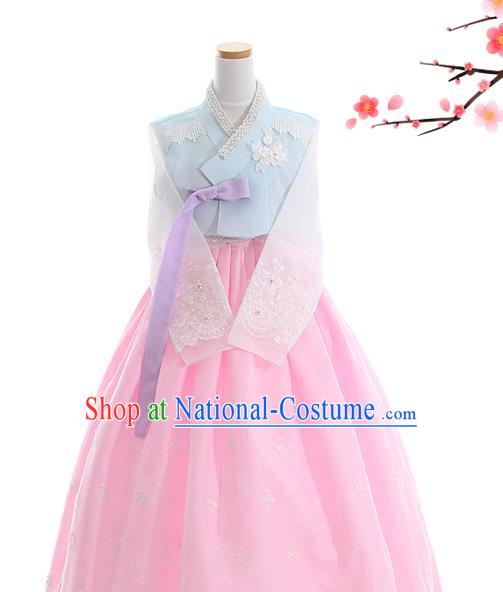 Korean Bride Hanbok Blue Blouse and Pink Dress Korea Fashion Wedding Costumes Traditional Festival Apparels for Women