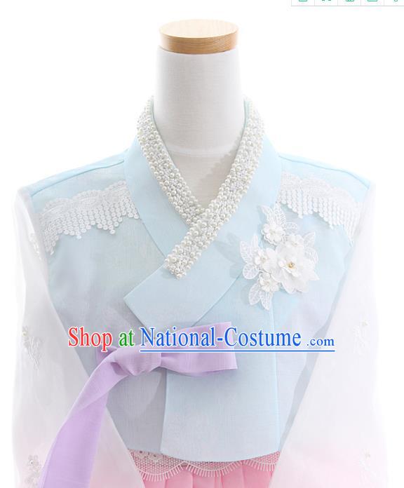 Korean Bride Hanbok Blue Blouse and Pink Dress Korea Fashion Wedding Costumes Traditional Festival Apparels for Women