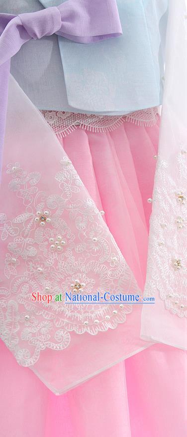 Korean Bride Hanbok Blue Blouse and Pink Dress Korea Fashion Wedding Costumes Traditional Festival Apparels for Women