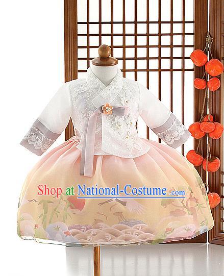 Asian Korea Girls White Lace Blouse and Printing Dress Korean Kids Fashion Traditional Hanbok Apparels Birthday Costumes