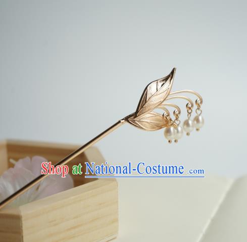 Chinese Hanfu Classical Convallaria Hair Accessories Handmade Ancient Princess Golden Pearls Tassel Hairpins for Women