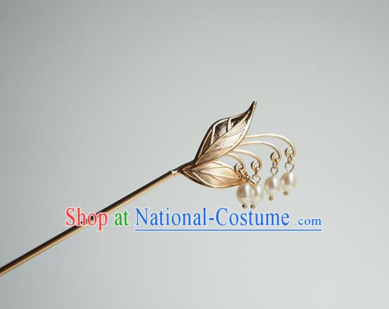 Chinese Hanfu Classical Convallaria Hair Accessories Handmade Ancient Princess Golden Pearls Tassel Hairpins for Women