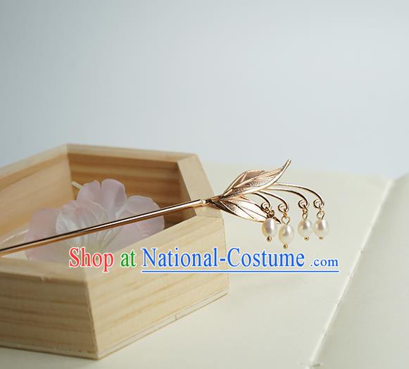 Chinese Hanfu Classical Convallaria Hair Accessories Handmade Ancient Princess Golden Pearls Tassel Hairpins for Women