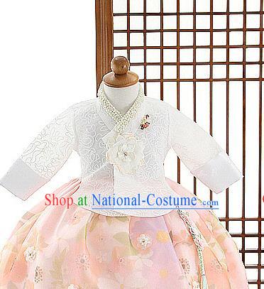 Asian Korea Girls White Blouse and Pink Dress Korean Kids Fashion Traditional Hanbok Apparels Birthday Costumes