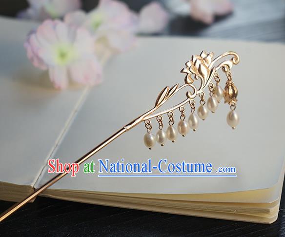 Chinese Classical Hanfu Golden Orchid Tassel Step Shake Hair Accessories Handmade Ancient Song Dynasty Pearls Hairpin for Women