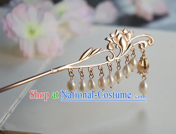 Chinese Classical Hanfu Golden Orchid Tassel Step Shake Hair Accessories Handmade Ancient Song Dynasty Pearls Hairpin for Women