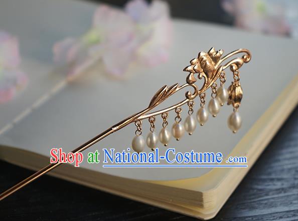 Chinese Classical Hanfu Golden Orchid Tassel Step Shake Hair Accessories Handmade Ancient Song Dynasty Pearls Hairpin for Women