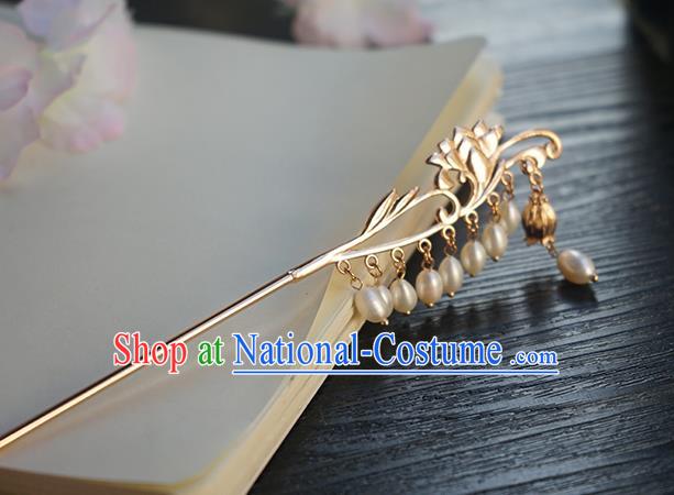 Chinese Classical Hanfu Golden Orchid Tassel Step Shake Hair Accessories Handmade Ancient Song Dynasty Pearls Hairpin for Women