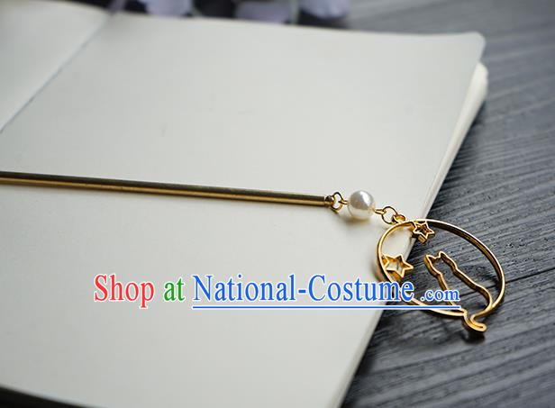 Chinese Classical Hanfu Hair Accessories Handmade Golden Cat Hairpin for Women