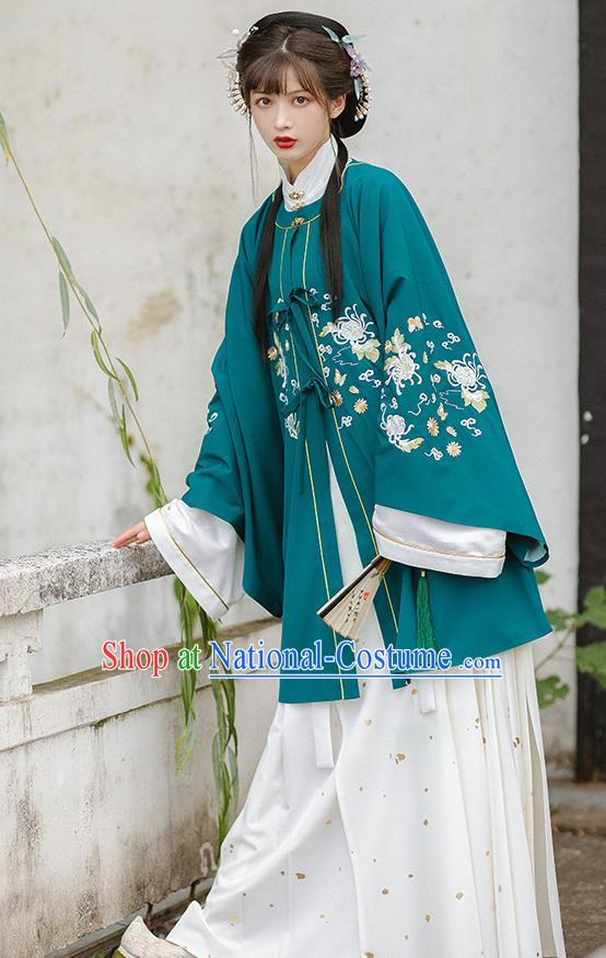 Traditional Chinese Ming Dynasty Patrician Female Costumes Hanfu Apparels Ancient Nobility Lady Green Blouse and Skirt Complete Set