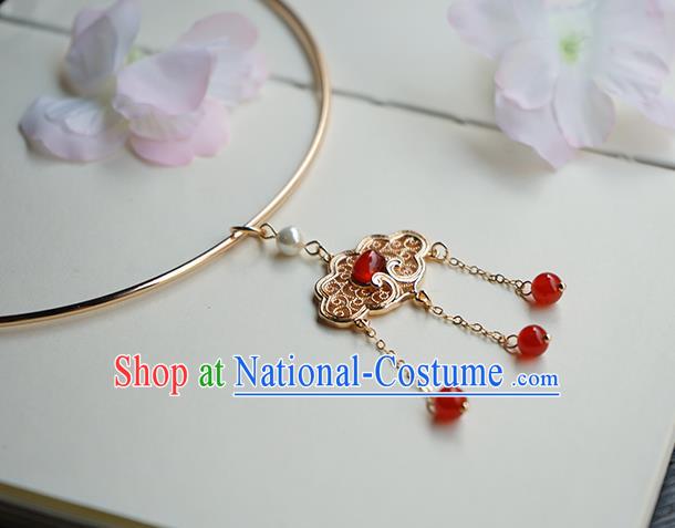 Chinese Handmade Hanfu Red Beads Tassel Necklace Classical Jewelry Accessories Ancient Princess Golden Necklet for Women