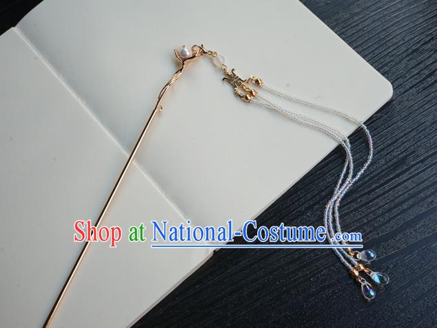 Chinese Classical Beads Tassel Hair Clip Hair Accessories Handmade Ancient Jin Dynasty Hanfu Golden Flower Hairpin for Women