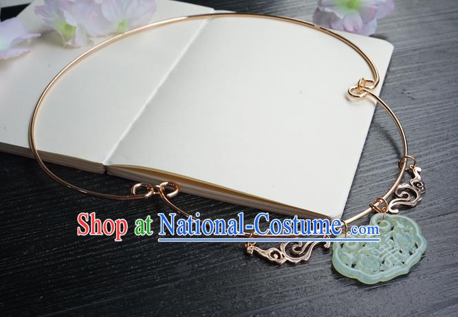 Chinese Handmade Hanfu Ming Dynasty Jade Pendant Necklace Classical Jewelry Accessories Ancient Princess Golden Necklet for Women